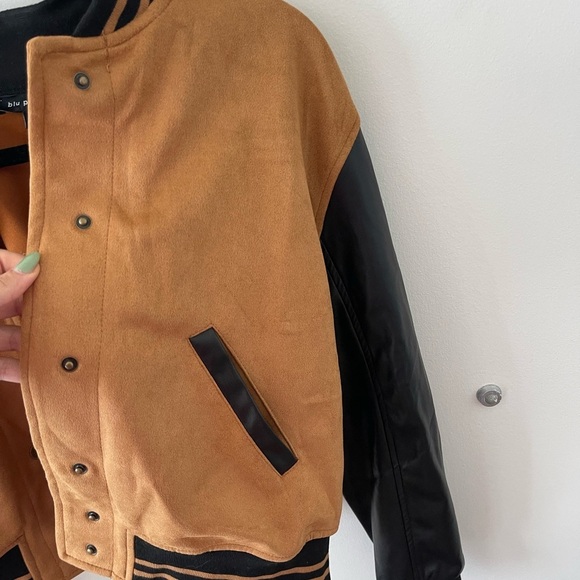 Blu Pepper Tan Suede and Black Leather Women's Varsity Jacket - Picture 4 of 8